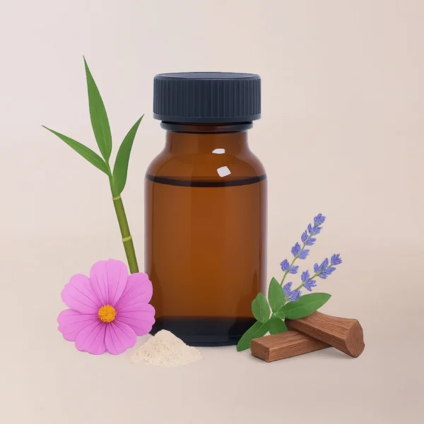 Fragancia Amaderada y Especiados en botella ámbar con tapa negra, rodeada de flor rosa, bambú, lavanda, madera y polvo blanco—ideal como insumo para velas o para quienes buscan fabricantes de velas en Colombia.