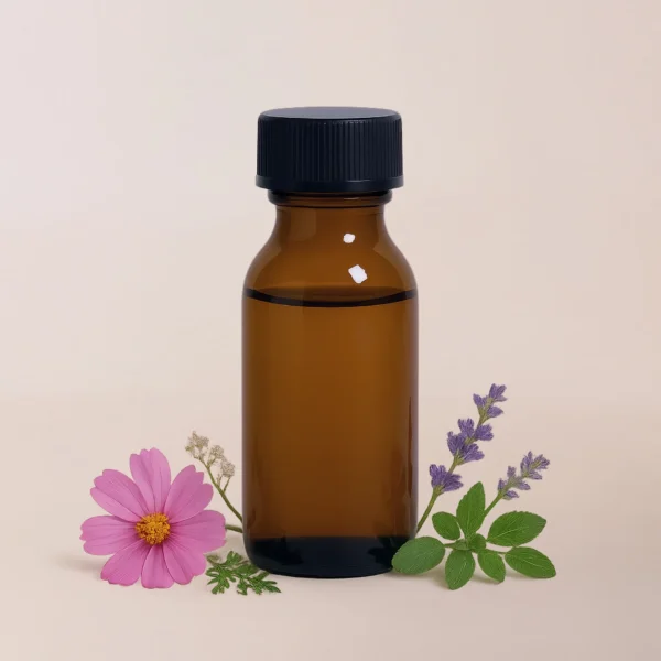 Una botella de vidrio ámbar con tapa negra está rodeada de flores variadas y hojas verdes, mostrando Fragancia Florales y Herbales, inspiración perfecta para fabricantes de velas e insumos para velas en Colombia.