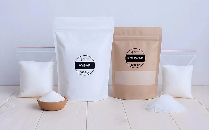 Sobre una superficie blanca se exhiben cuatro bolsas y un recipiente que contiene sustancias en polvo de color blanco; dos de ellas etiquetadas como "VYBAR" y "POLIWAX", cada una con un peso de 1000 gramos, insumos perfectos para velas de fabricantes de velas en Colombia.