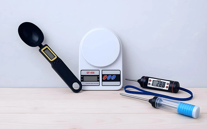 Una cuchara medidora digital, una báscula de cocina, un termómetro para carne a 28,8 °C y una jeringa con mango azul (herramientas ideales para insumos para velas) están dispuestos sobre una superficie de madera clara contra una pared lisa.