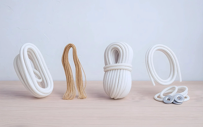Cuatro grupos de objetos enrollados y en bucle, tres blancos y uno marrón, están dispuestos uno al lado del otro sobre una superficie de madera clara contra un fondo pálido, perfecto para quienes buscan insumos para velas o fabricantes de velas en Colombia.
