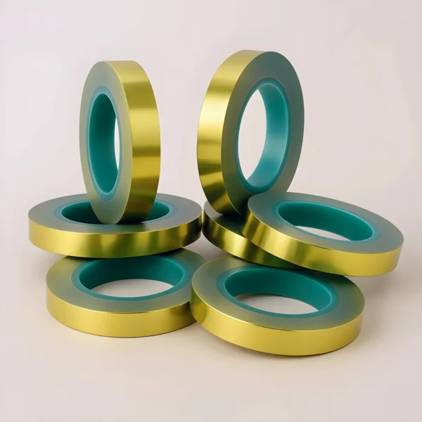 Seis rollos de Zepalín (cordón para velas) en oro metálico con núcleos internos verde azulado se apilan en dos capas sobre un fondo liso, perfectos como insumos para velas.